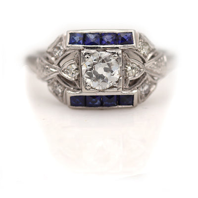 Art Deco Old Mine Cut Diamond & Square Cut Sapphire Engagement Ring
