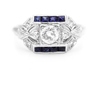 Art Deco 1.02 CTW Old Mine Cut Diamond Square Cut Sapphire Engagement Ring