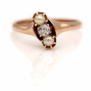 Victorian .15 CTW Old Mine Cut Diamond & Pearl Antique Engagement Ring