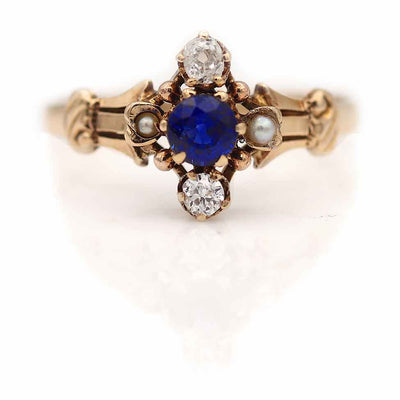 Victorian Ceylon Sapphire Diamond & Pearl Engagement Ring .35 Ct