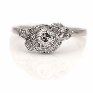 Late Art Deco .75 CTW Old European Cut & Baguette Diamond Vintage Engagement Ring