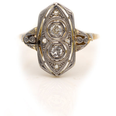 Victorian Two Stone Old Mine &amp; Rose Cut Diamond Navette Cocktail Ring