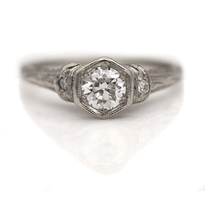 Intricate Art Deco Diamond Engagement Ring with Old Mine Side Stones