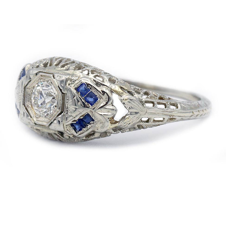 Art Deco .25 Carat Old Mine Cut Diamond & Sapphire Vintage Engagement Ring in 14 Kt White Gold
