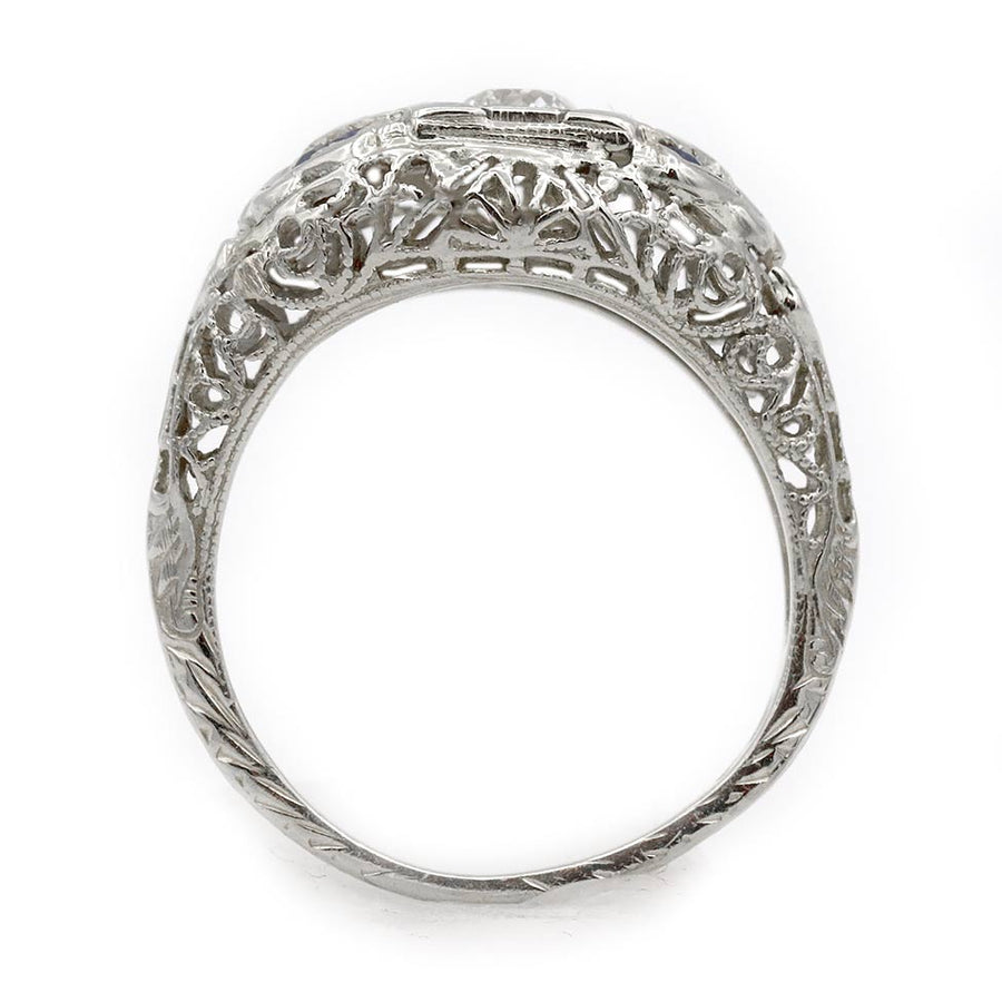 Art Deco .25 Carat Old Mine Cut Diamond & Sapphire Vintage Engagement Ring in 14 Kt White Gold