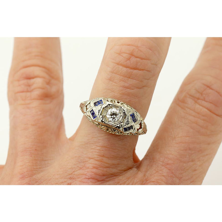 Art Deco .25 Carat Old Mine Cut Diamond & Sapphire Vintage Engagement Ring in 14 Kt White Gold