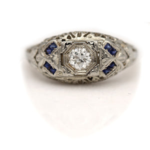 Art Deco .25 Ct Diamond Sapphire 14 Karat White Gold Filigree Engagement Ring 