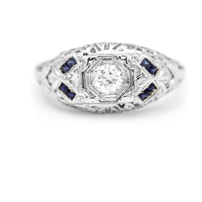 Art Deco .25 Ct Diamond Sapphire 14 Karat White Gold Filigree Engagement Ring