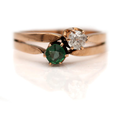 Antique Twin Stone Old Mine Cut Diamond & Garnet Engagement Ring 19 Kt Rose Gold