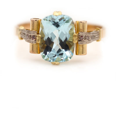 Antique 3.90 CTW Cushion Cut 14 Karat Aquamarine Diamond Gemstone Ring