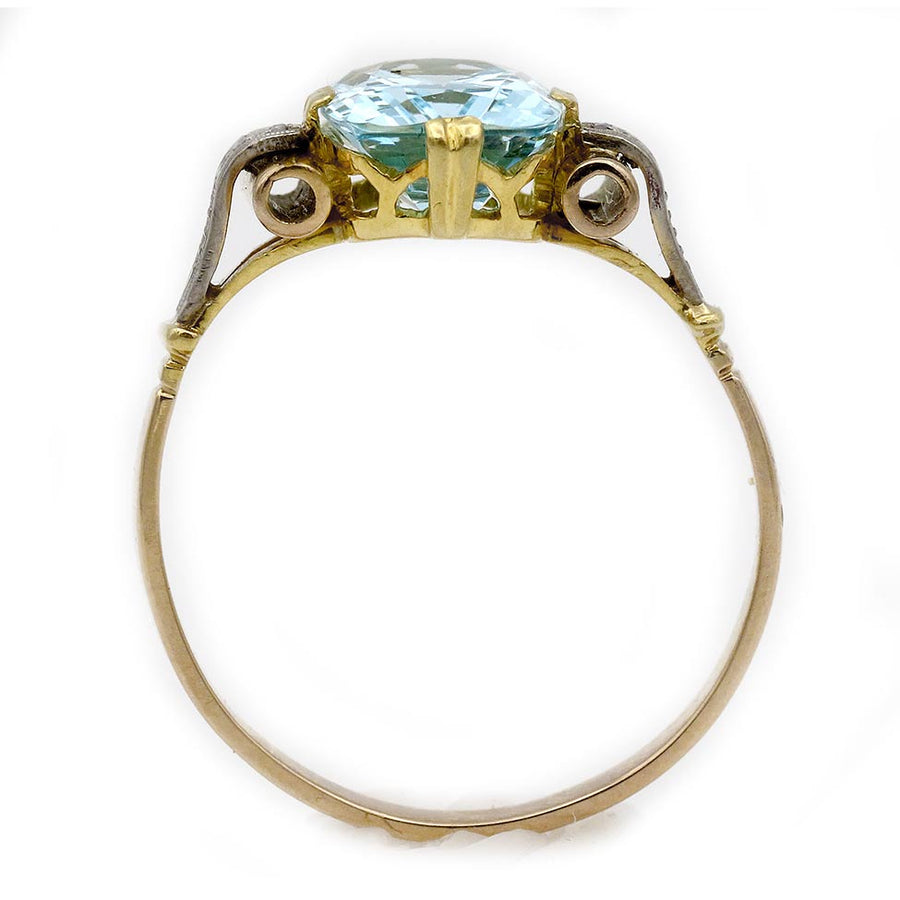 Retro 3.90 Ct Cushion Cut Aquamarine & Rose Cut Diamond Vintage Engagement Ring | 14K Two-Tone Gold