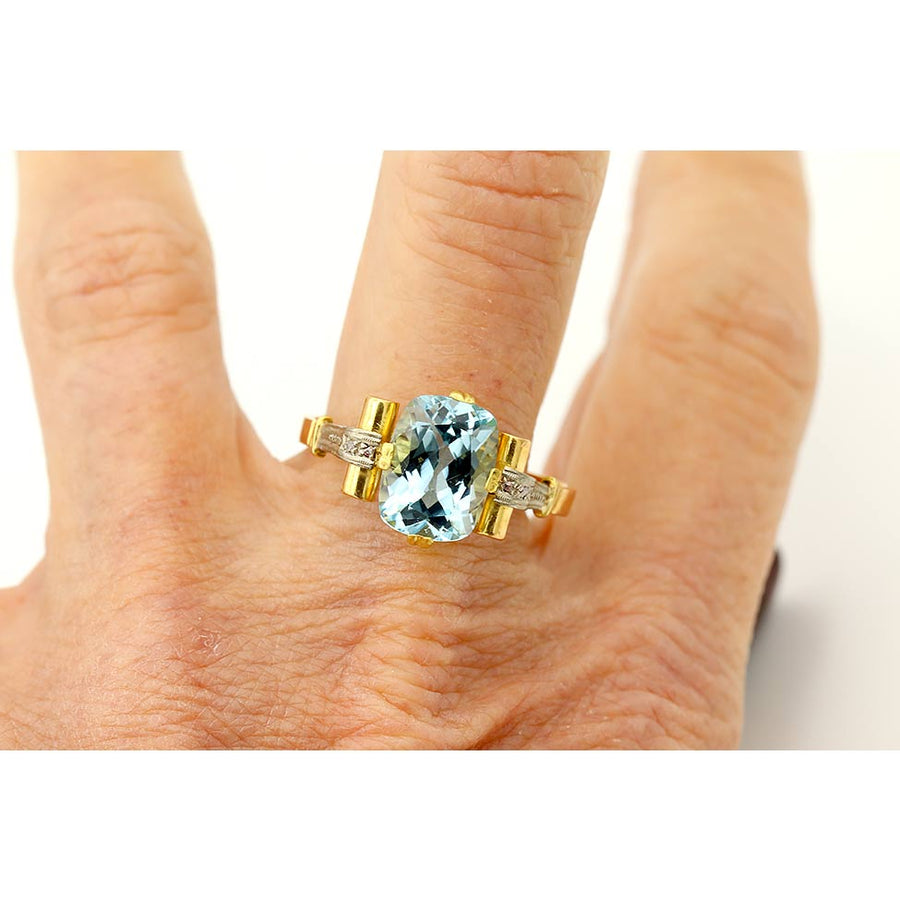 Retro 3.90 Ct Cushion Cut Aquamarine & Rose Cut Diamond Vintage Engagement Ring | 14K Two-Tone Gold