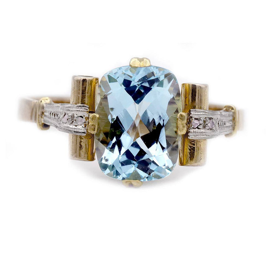 Retro 3.90 Ct Cushion Cut Aquamarine & Rose Cut Diamond Vintage Engagement Ring | 14K Two-Tone Gold