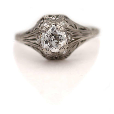 1920s Antique Old Mine Diamond Solitaire Engagement Ring .65 Ct