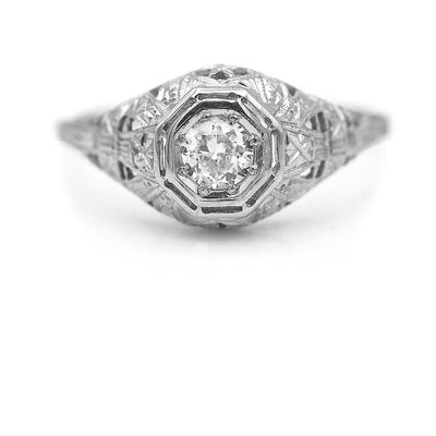 Art Deco .35 CTW Old European Cut Diamond Filigree Solitaire Vintage Engagement Ring