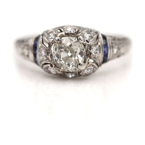Vintage 1.10 CTW Old Mine Cut Diamond Platinum Sapphire Art Deco Engagement Ring