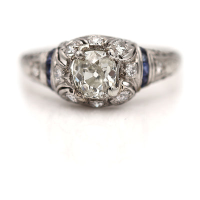 Vintage Old Mine Cut Diamond and Sapphire Engagement Ring in Platinum