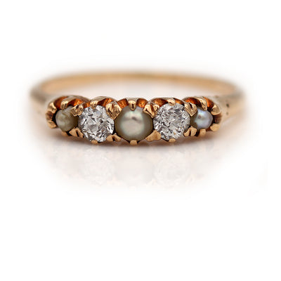 Victorian Old Mine Cut Diamond & Pearl Wedding Ring
