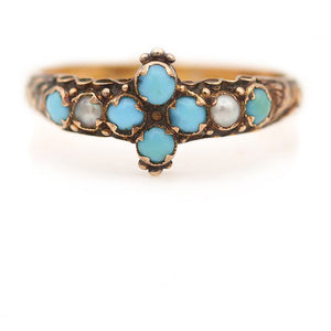 Victorian Turquoise & Pearl 15 Karat Rose Yellow Gold Antique Engagement Ring