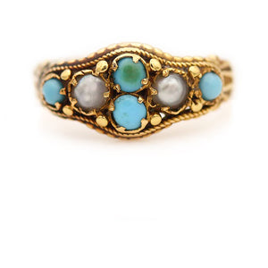 Victorian Turquoise & Pearl 15 Karat Yellow Gold Antique Engagement Ring