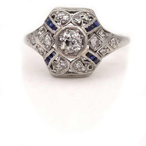 Antique 1.02 CTW Old Mine Diamond Sapphire Platinum Art Deco Engagement Ring