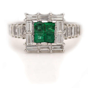 Mid-Century 2.20 CTW Square Cut Colombian Emerald Baguette Vintage Diamond Ring