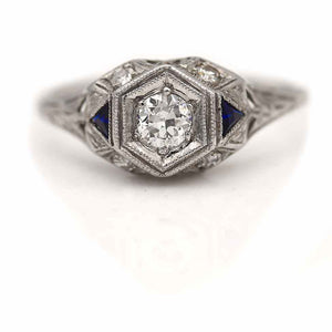 Art Deco .45 CTW Old European Cut Diamond Platinum Sapphire Engagement Ring