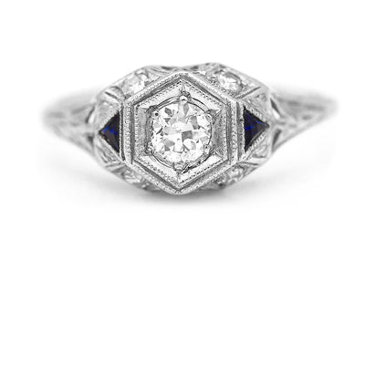 Art Deco .45 CTW Old European Cut Diamond Platinum Sapphire Engagement Ring