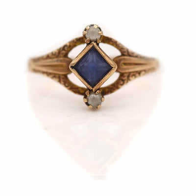 Victorian North-South Sapphire and Pearl Engagement Ring with Filigree