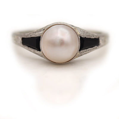 Art Deco Pearl and Onyx Engagement Ring