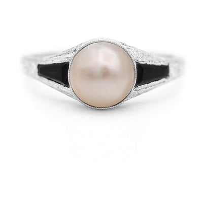 Art Deco Pearl Onyx 19 Karat Antique Gemstone Engagement Ring