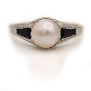 Art Deco Pearl Onyx 19 Karat Antique Gemstone Engagement Ring
