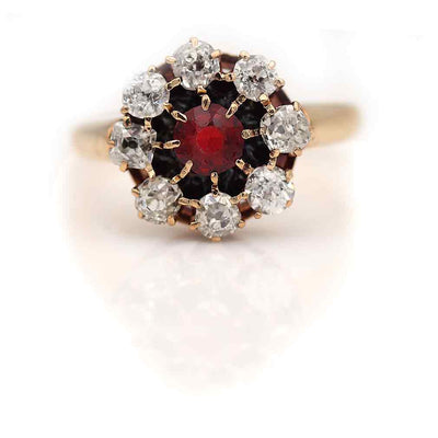 Victorian Red Spinel and Old Mine Cut Diamond Halo Engagement Ring Circa 1900's