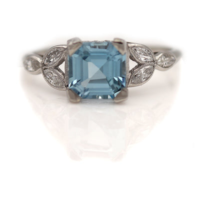 Art Deco Aquamarine Split Shank Engagement Ring with Navette Side Stones