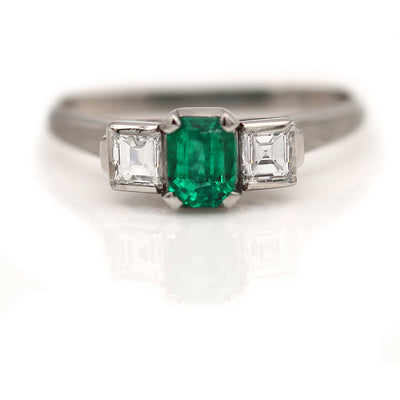 Vintage Emerald Cut Emerald Engagement Ring with Side Stones