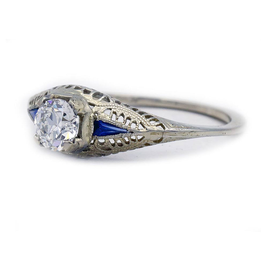 Art Deco .58 Ct Old European Cut Diamond Engagement Ring with Sapphire Side Stones GIA G/SI1