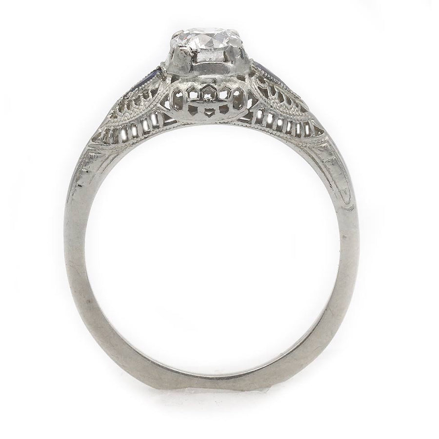 Art Deco .58 Ct Old European Cut Diamond Engagement Ring with Sapphire Side Stones GIA G/SI1