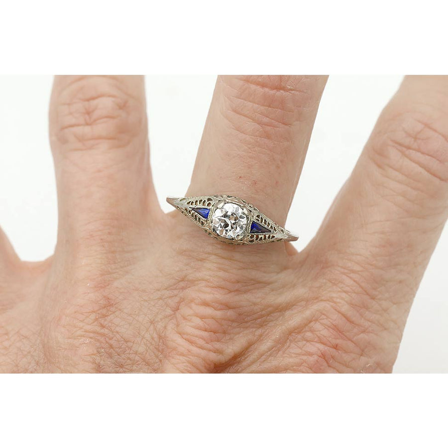 Art Deco .58 Ct Old European Cut Diamond Engagement Ring with Sapphire Side Stones GIA G/SI1