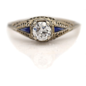 Art Deco .68 CTW European Cut Diamond Engagement Ring Sapphire Side Stones GIA G/SI1