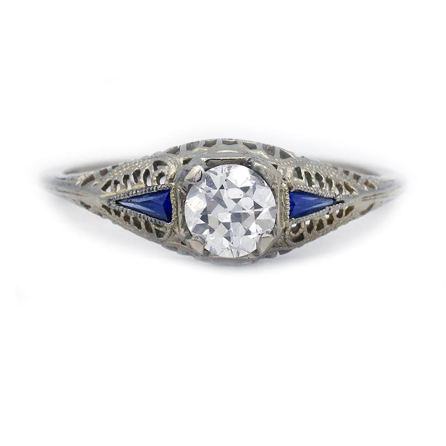 Art Deco .58 Ct Old European Cut Diamond Engagement Ring with Sapphire Side Stones GIA G/SI1