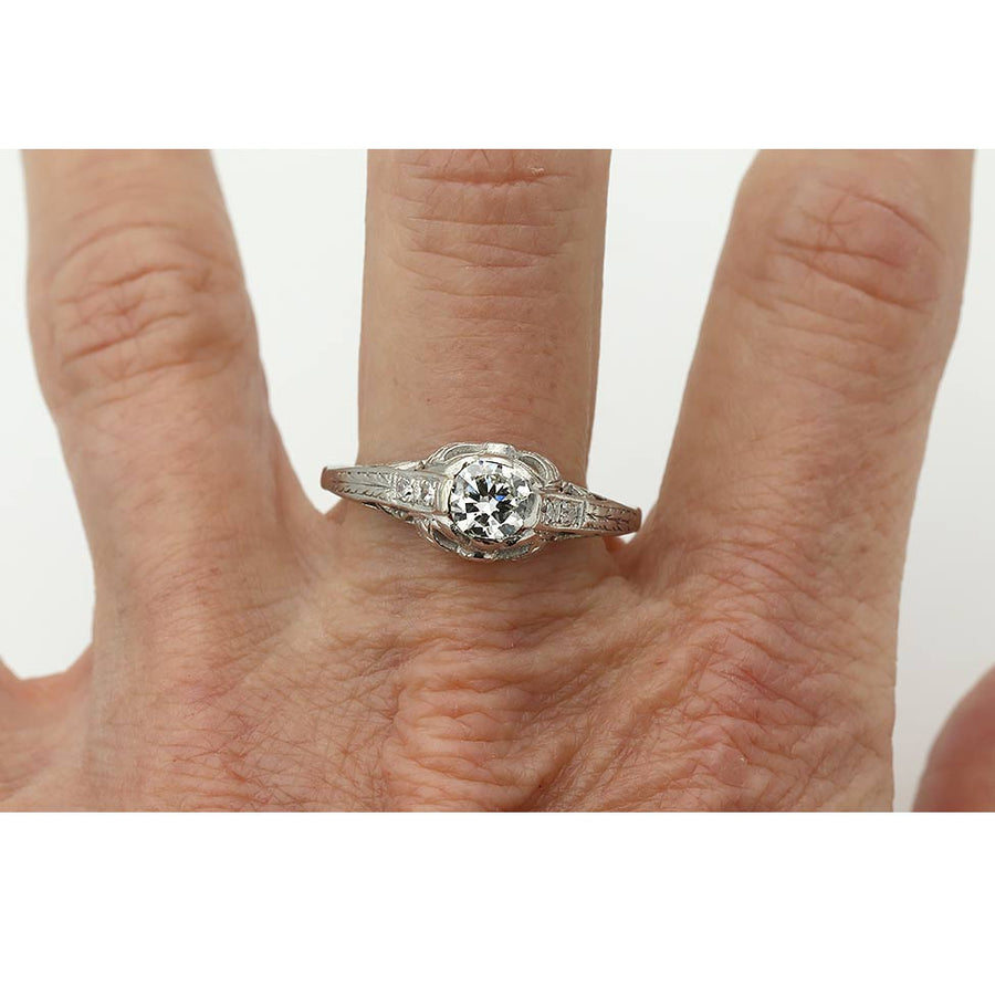 Art Deco Old European Cut Diamond Engagement Ring .57 Carat GIA I VS1 Antique Platinum Vintage Ring