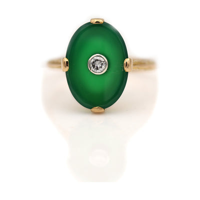 1.00 Carat Art Deco Green Onyx & Round Diamond Engagement Ring