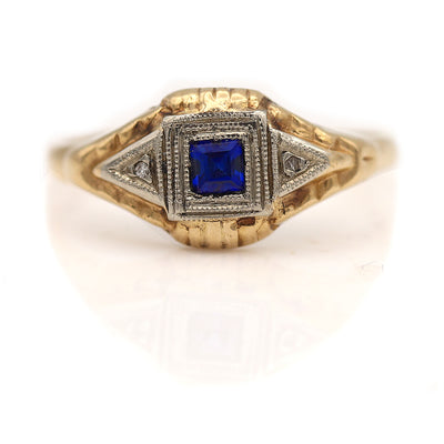 Antique 14 Kt Two Tone Square Cut Sapphire Engagement Ring with Side Stones