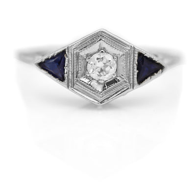 Art Deco .25 CTW Old European Cut Diamond Sapphire Gemstone Engagement Ring