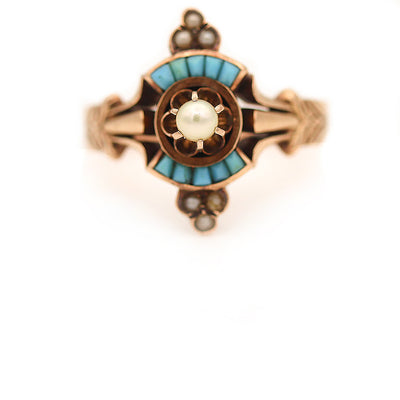 Antique .30 CTW Turquoise and Pearl Victorian Engagement Ring