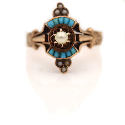 Exquisite Victorian Turquoise and Pearl Engagement Ring