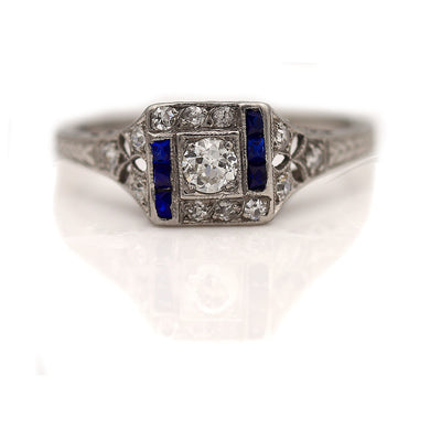 Art Deco Old Mine Cut Diamond & Sapphire Engagement Ring
