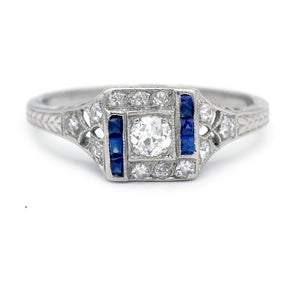 Art Deco .63 CTW Old Mine Cut Diamond Sapphire Platinum Antique Engagement Ring  Front View