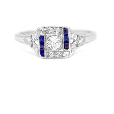 Art Deco .63 CTW Old Mine Cut Diamond Sapphire Platinum Antique Engagement Ring