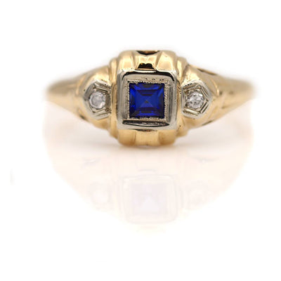 Dainty Antique Square Cut Sapphire & Diamond Engagement Ring